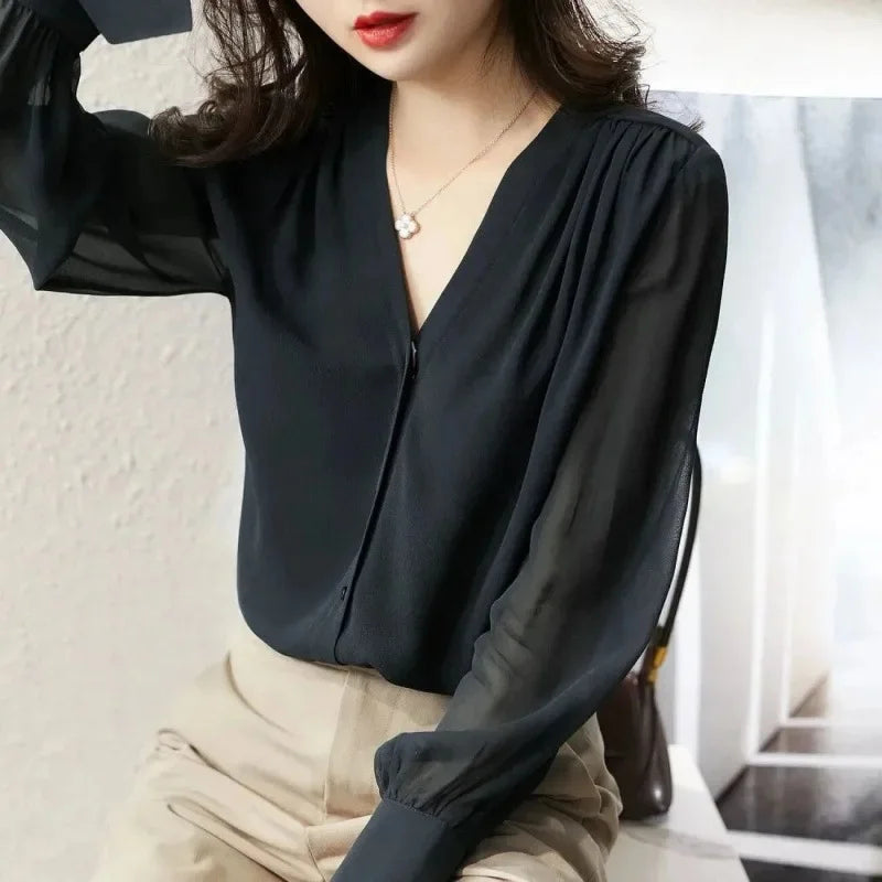 Long Sleeve Women's Shirt Spring Autumn New French Collar Design Loose Chiffon Top Elegant Fashionable Chinese Brand