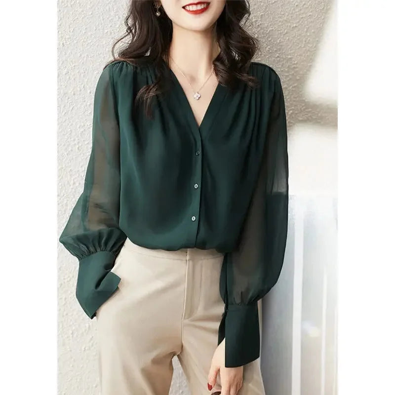 Long Sleeve Women's Shirt Spring Autumn New French Collar Design Loose Chiffon Top Elegant Fashionable Chinese Brand
