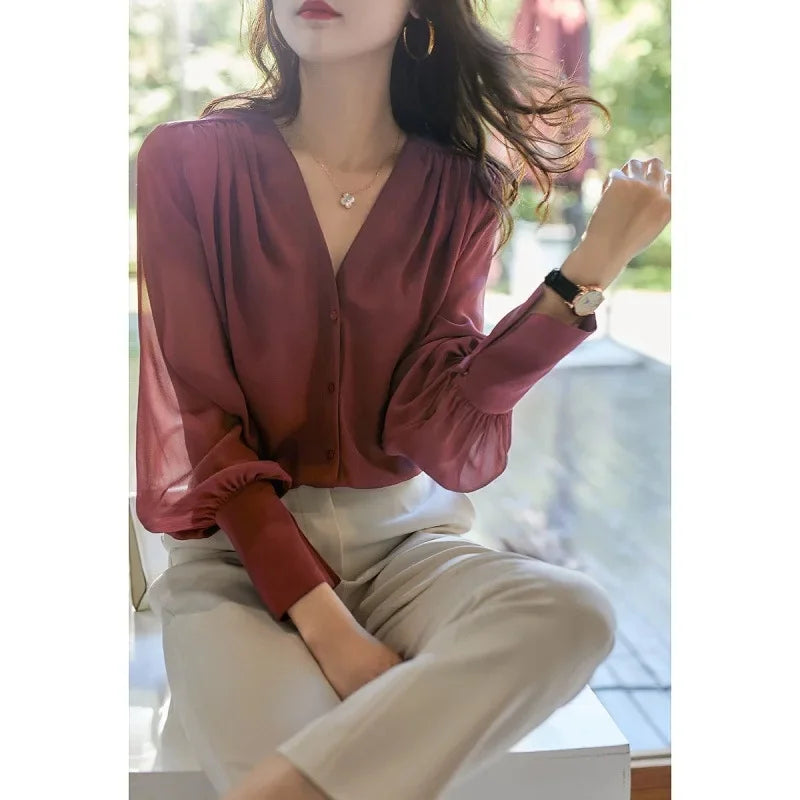 Long Sleeve Women's Shirt Spring Autumn New French Collar Design Loose Chiffon Top Elegant Fashionable Chinese Brand