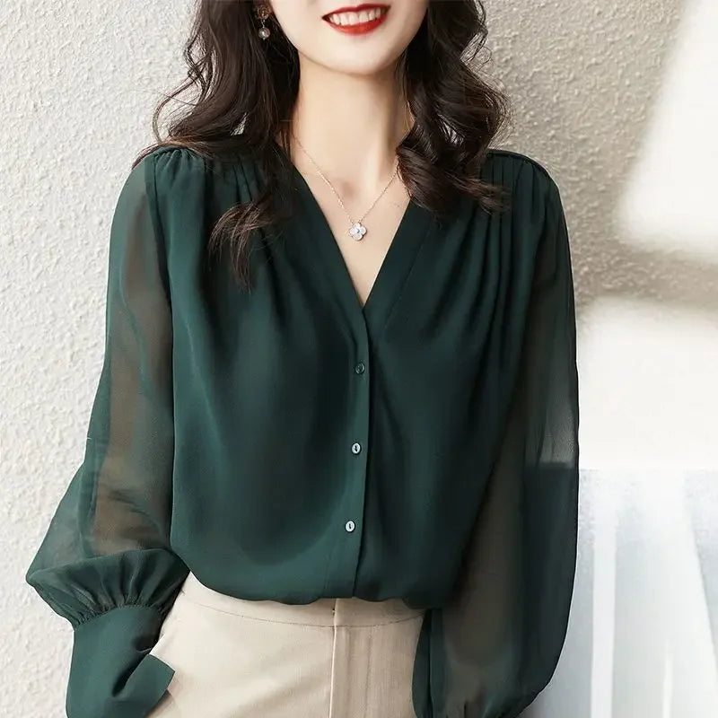 Long Sleeve Women's Shirt Spring Autumn New French Collar Design Loose Chiffon Top Elegant Fashionable Chinese Brand