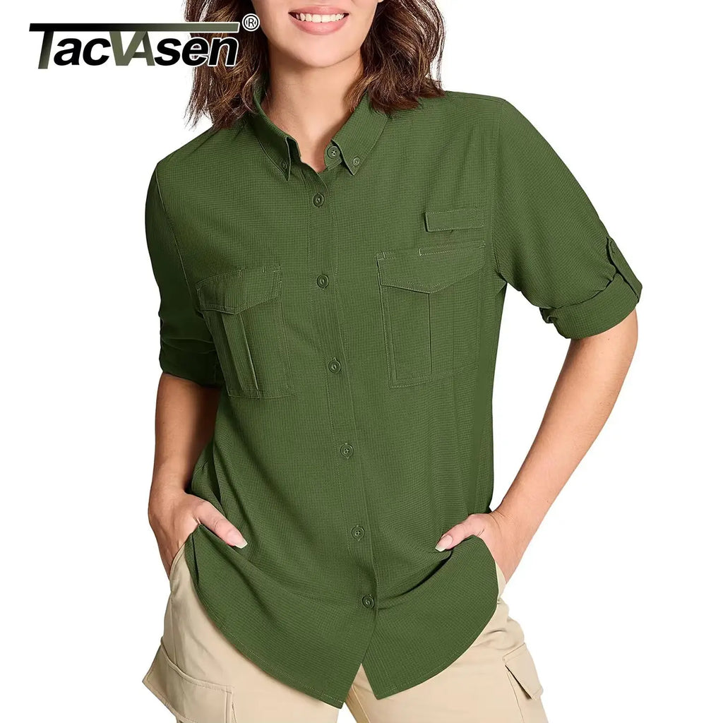 TACVASEN Women's UPF 50+ Fishing Shirts UV Block Quick Dry Long Sleeve Cargo Shirts Breathable Mesh Outdoor Trekking Hiking Shirt