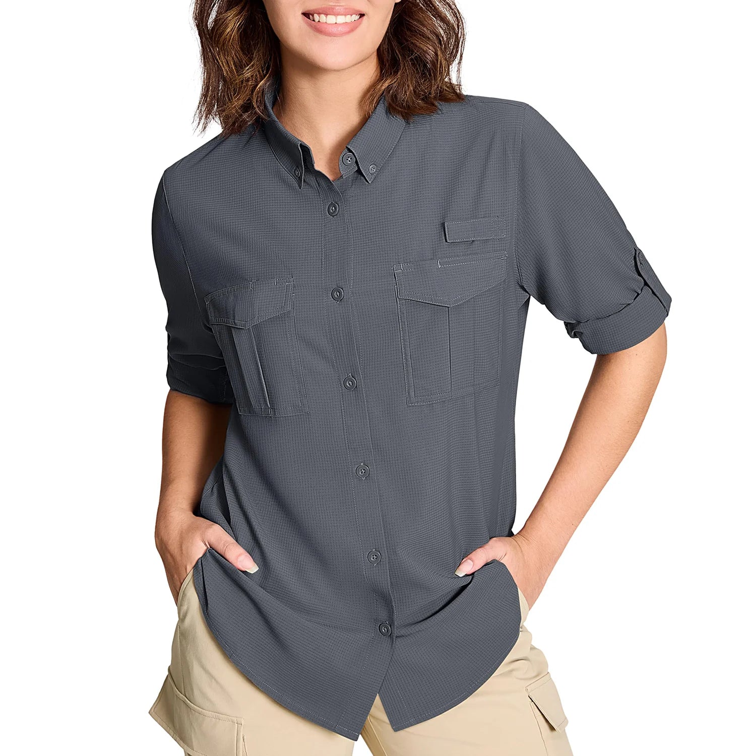 TACVASEN Women's UPF 50+ Fishing Shirts UV Block Quick Dry Long Sleeve Cargo Shirts Breathable Mesh Outdoor Trekking Hiking Shirt
