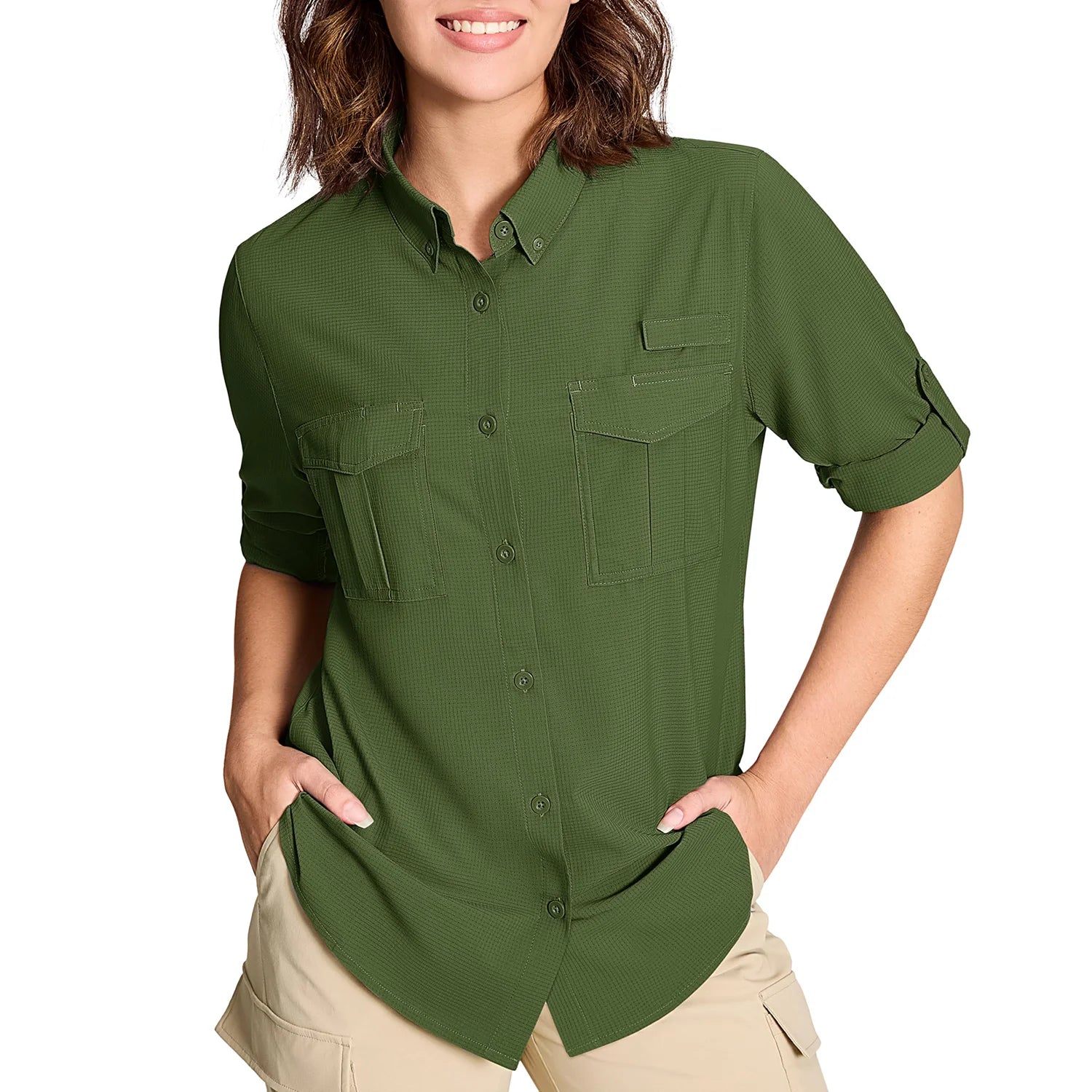 TACVASEN Women's UPF 50+ Fishing Shirts UV Block Quick Dry Long Sleeve Cargo Shirts Breathable Mesh Outdoor Trekking Hiking Shirt