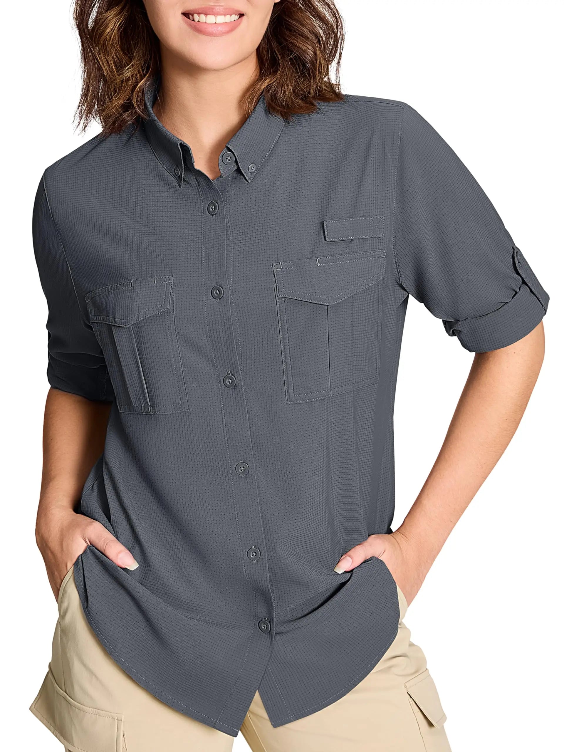 TACVASEN Women's UPF 50+ Fishing Shirts UV Block Quick Dry Long Sleeve Cargo Shirts Breathable Mesh Outdoor Trekking Hiking Shirt