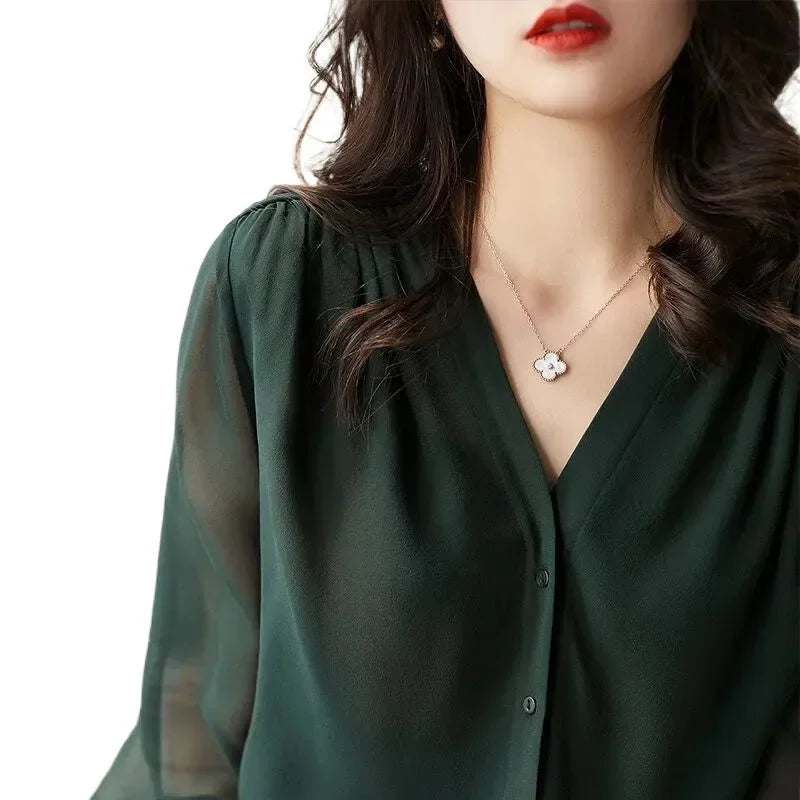 Long Sleeve Women's Shirt Spring Autumn New French Collar Design Loose Chiffon Top Elegant Fashionable Chinese Brand