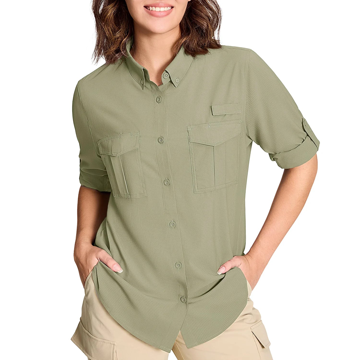 TACVASEN Women's UPF 50+ Fishing Shirts UV Block Quick Dry Long Sleeve Cargo Shirts Breathable Mesh Outdoor Trekking Hiking Shirt