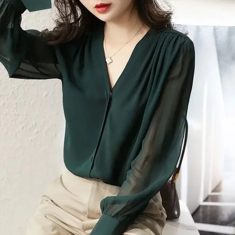 Long Sleeve Women's Shirt Spring Autumn New French Collar Design Loose Chiffon Top Elegant Fashionable Chinese Brand