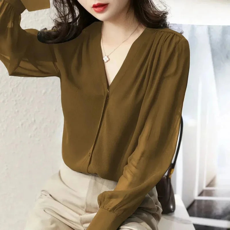 Long Sleeve Women's Shirt Spring Autumn New French Collar Design Loose Chiffon Top Elegant Fashionable Chinese Brand