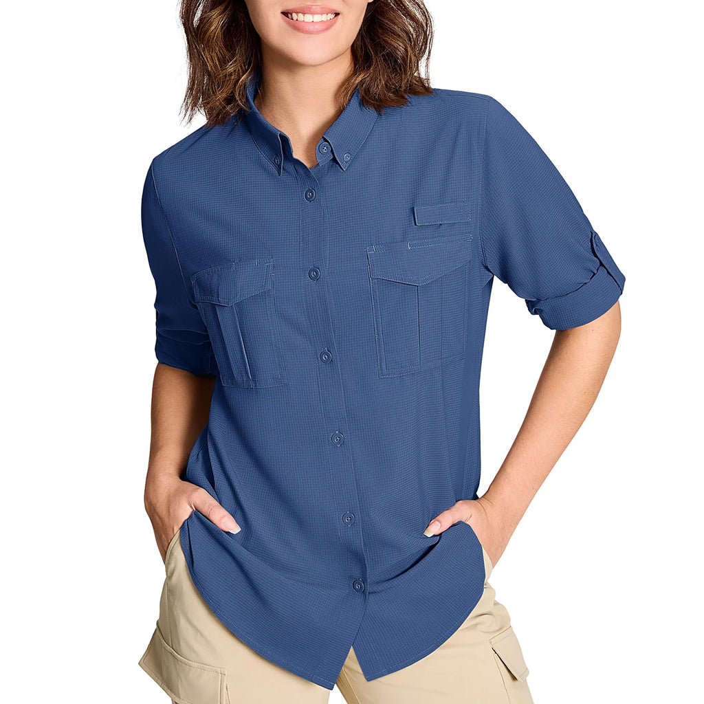 TACVASEN Women's UPF 50+ Fishing Shirts UV Block Quick Dry Long Sleeve Cargo Shirts Breathable Mesh Outdoor Trekking Hiking Shirt