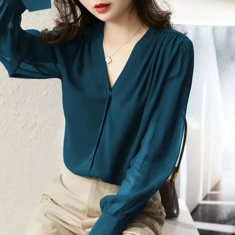 Long Sleeve Women's Shirt Spring Autumn New French Collar Design Loose Chiffon Top Elegant Fashionable Chinese Brand