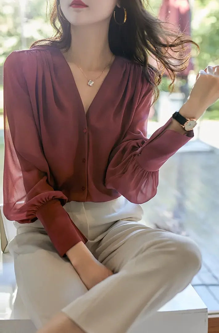 Long Sleeve Women's Shirt Spring Autumn New French Collar Design Loose Chiffon Top Elegant Fashionable Chinese Brand
