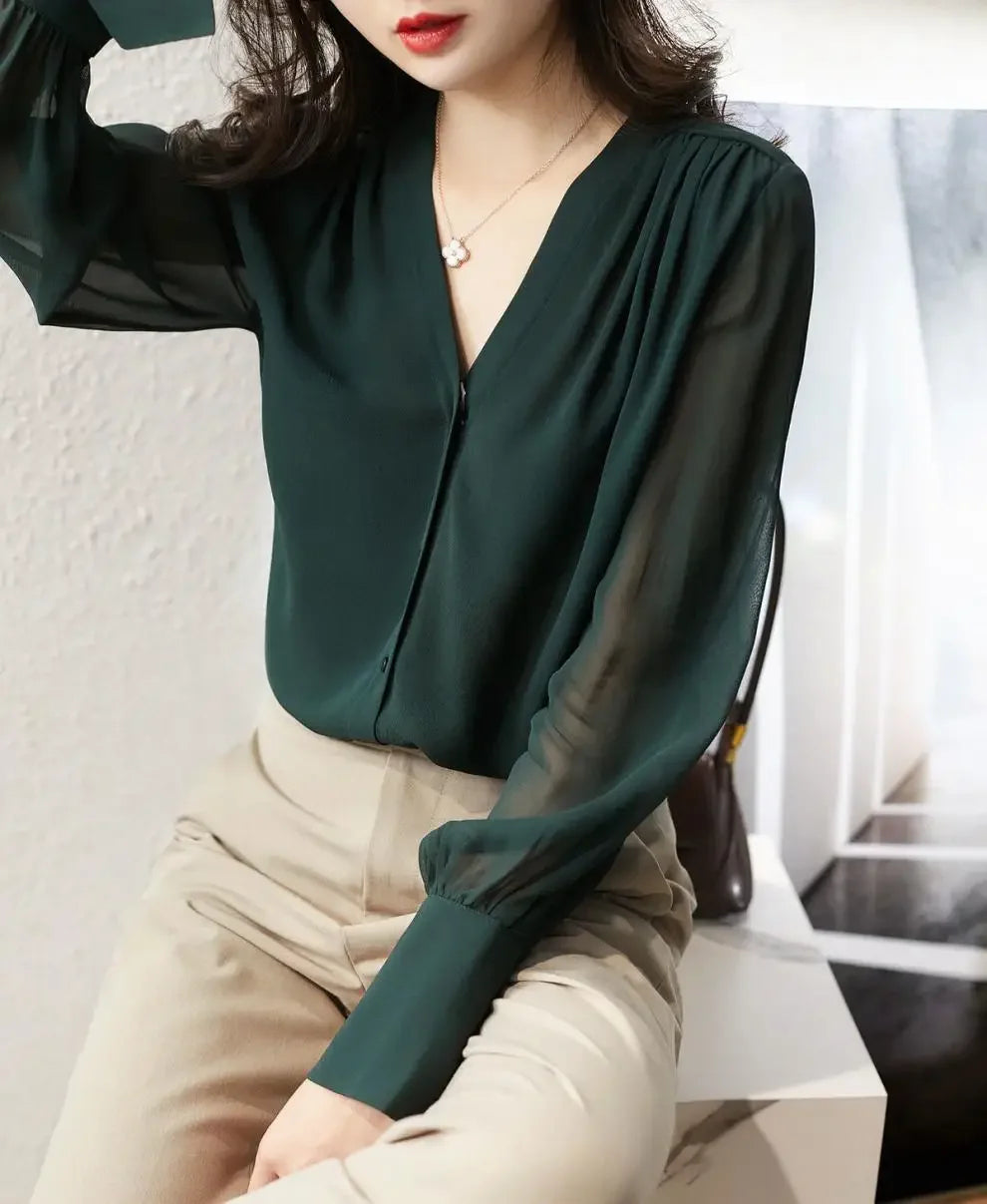 Long Sleeve Women's Shirt Spring Autumn New French Collar Design Loose Chiffon Top Elegant Fashionable Chinese Brand