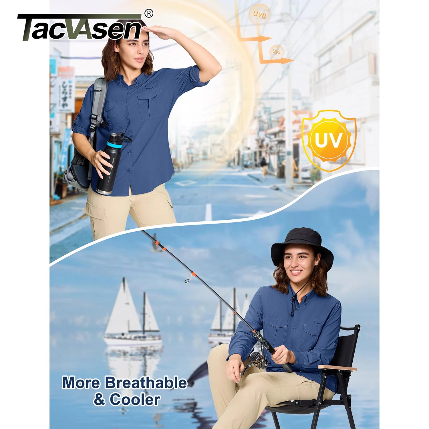 TACVASEN Women's UPF 50+ Fishing Shirts UV Block Quick Dry Long Sleeve Cargo Shirts Breathable Mesh Outdoor Trekking Hiking Shirt