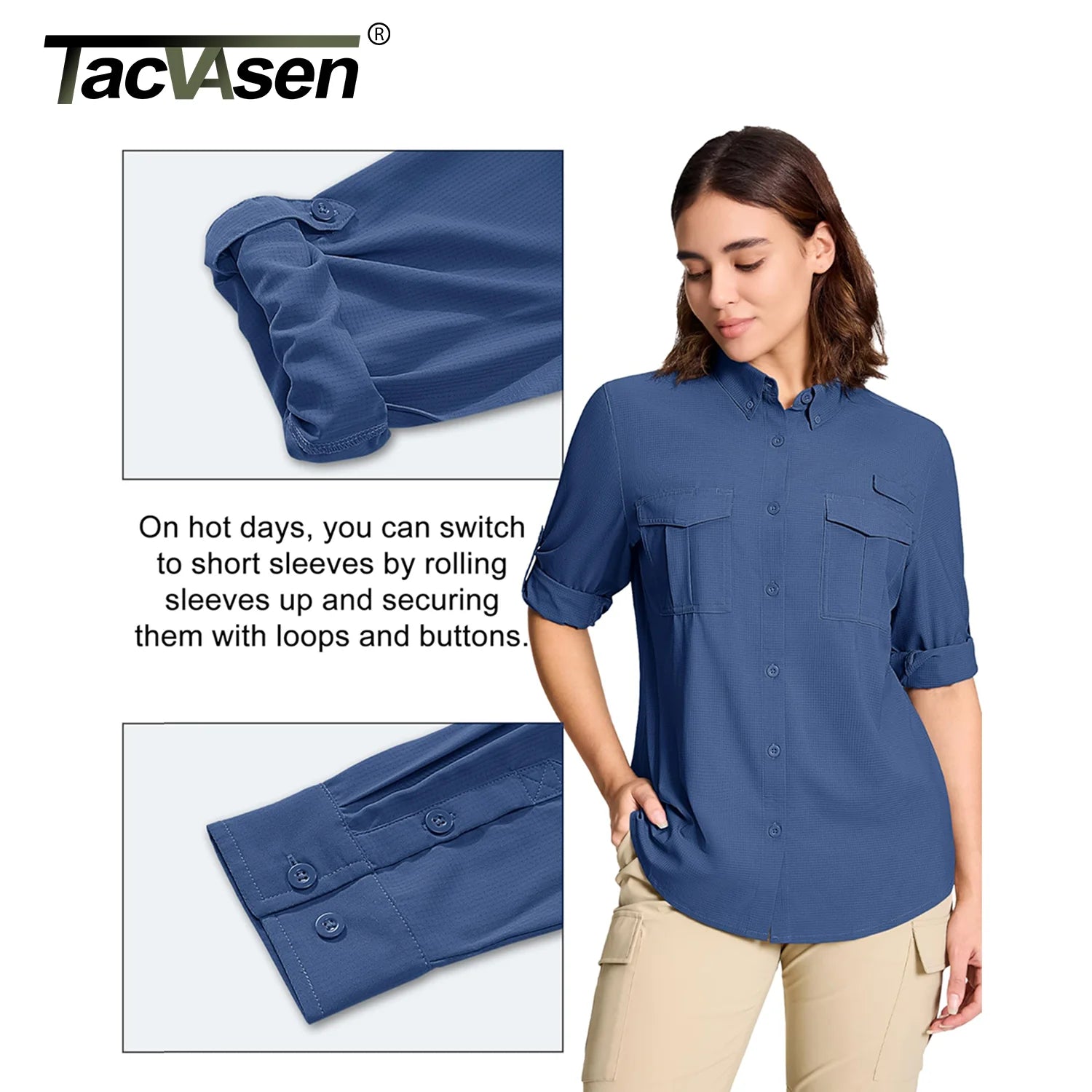 TACVASEN Women's UPF 50+ Fishing Shirts UV Block Quick Dry Long Sleeve Cargo Shirts Breathable Mesh Outdoor Trekking Hiking Shirt