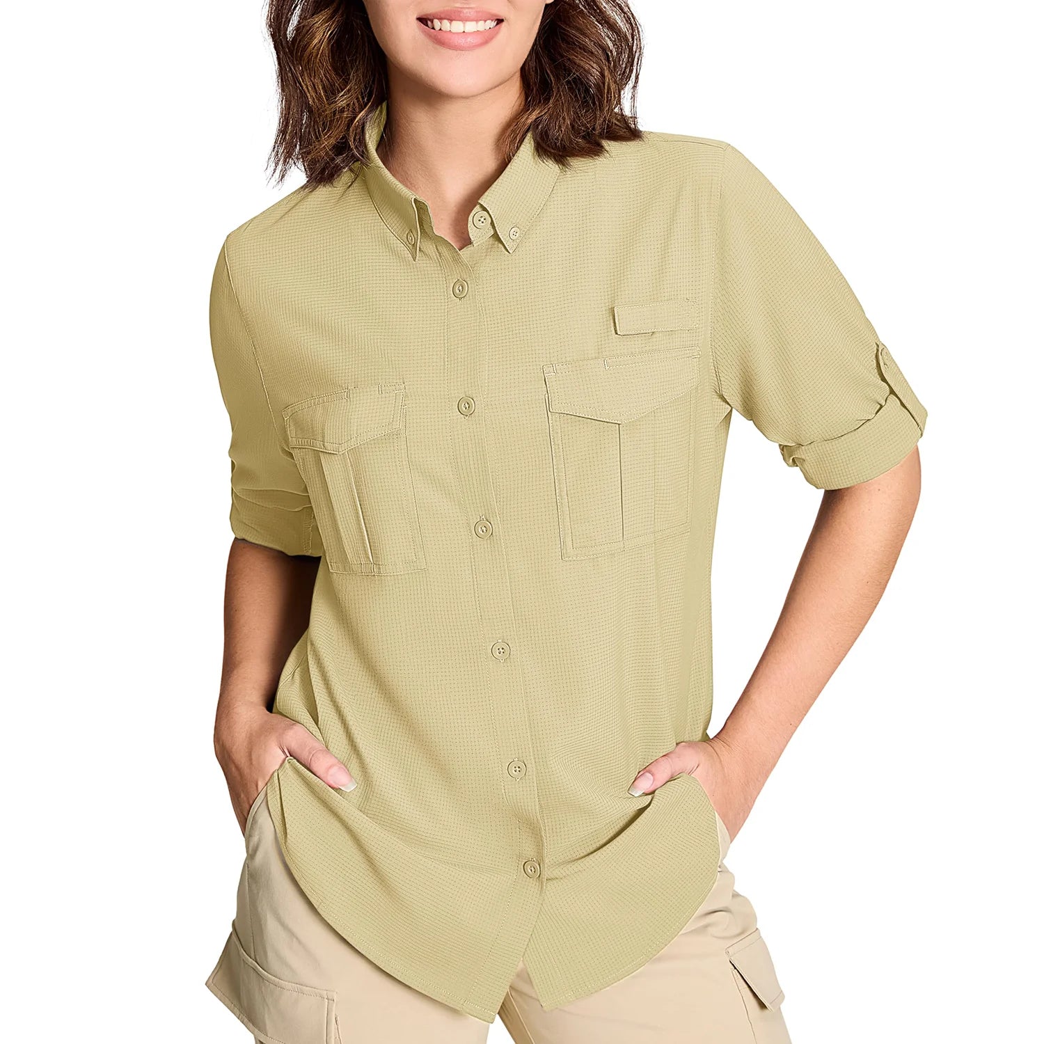 TACVASEN Women's UPF 50+ Fishing Shirts UV Block Quick Dry Long Sleeve Cargo Shirts Breathable Mesh Outdoor Trekking Hiking Shirt