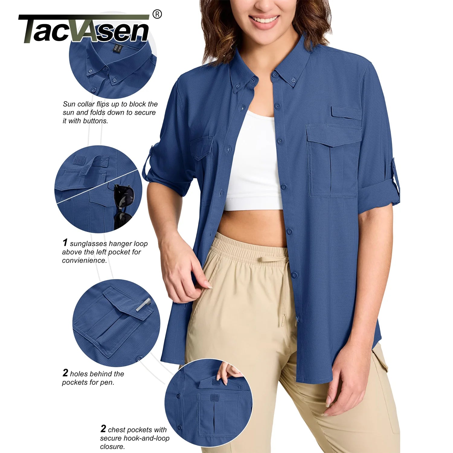 TACVASEN Women's UPF 50+ Fishing Shirts UV Block Quick Dry Long Sleeve Cargo Shirts Breathable Mesh Outdoor Trekking Hiking Shirt