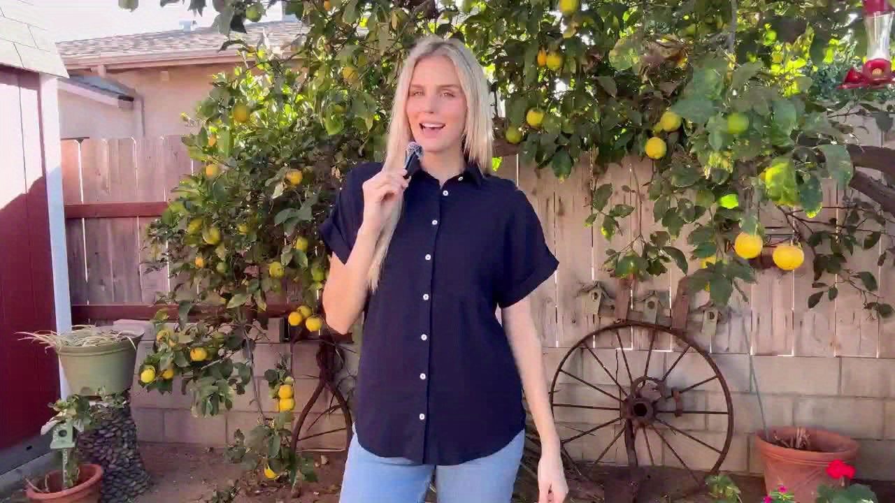 Women's Short Sleeve V-Neck Button-Up Shirt with Pockets - Light Gray, Casual Summer Top