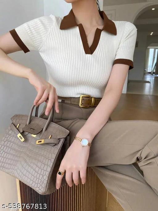 WHITE WITH BROWN RIB COLOR TOP